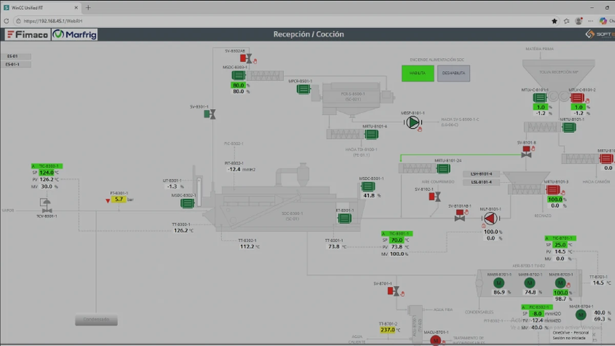 Tela de SCADA com sinótico de processo industrial